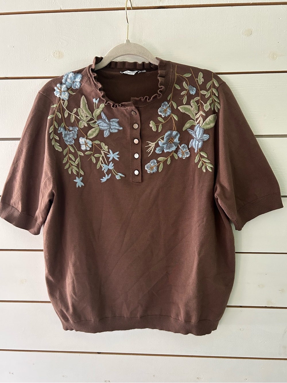 Chico's Women's 3 (XL) Brown Embroidered Floral Ruffle Neck Cottage Core Top